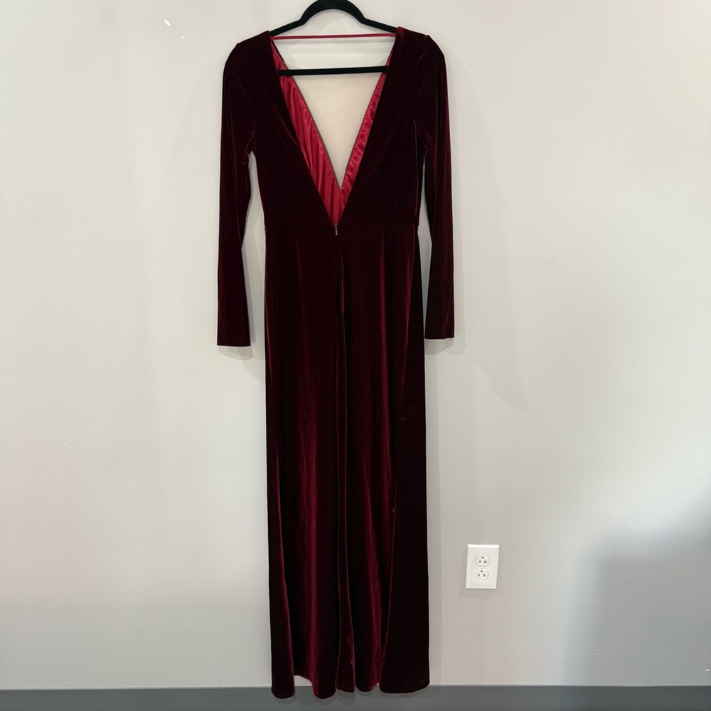 Jenny Yoo Dress Ryland Maxi Long Sleeve V-neck Open Back in Dark Berry Velvet - Picture 5 of 7